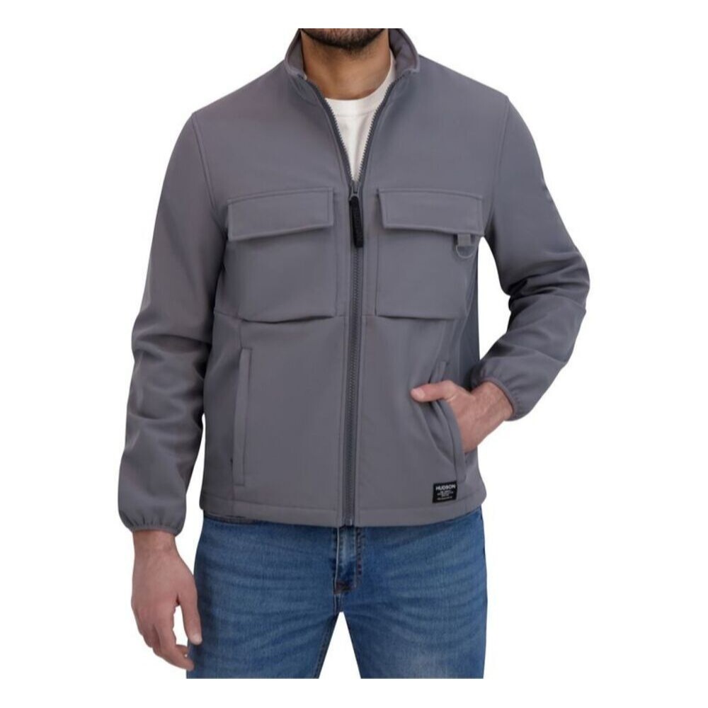 HUDSON Jacket Mens XL Grey Soft Shell Utility Pockets Stand Collar $158